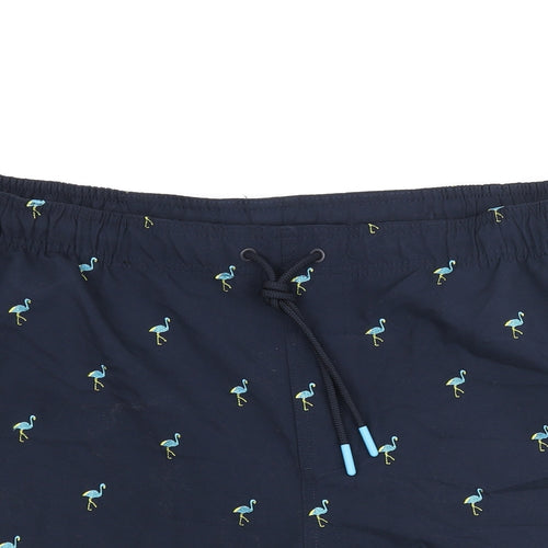 Marks and Spencer Mens Blue Geometric Cotton Sweat Shorts Size 2XL Regular Drawstring - Embroidered Bird Swim Shorts
