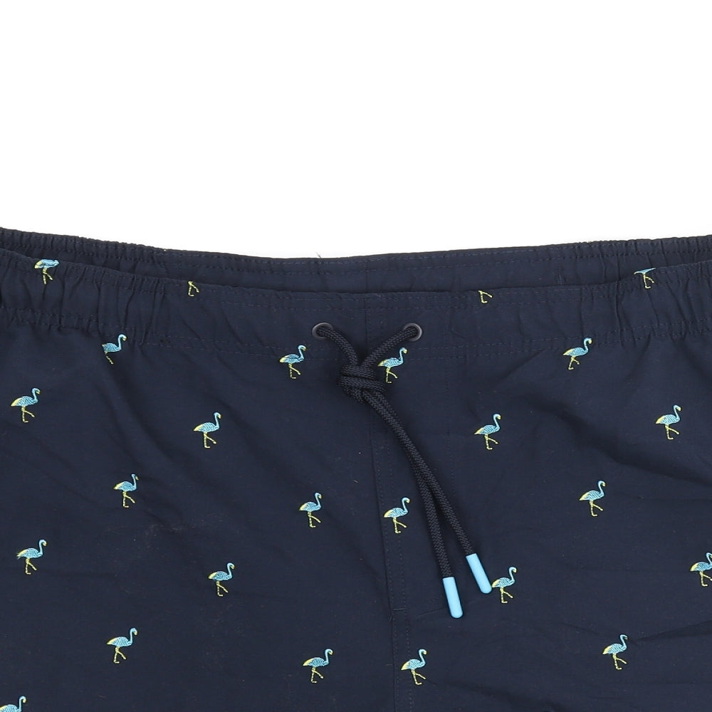 Marks and Spencer Mens Blue Geometric Cotton Sweat Shorts Size 2XL Regular Drawstring - Embroidered Bird Swim Shorts