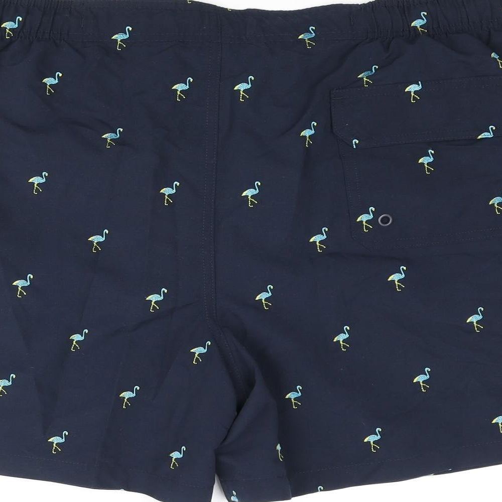 Marks and Spencer Mens Blue Geometric Cotton Sweat Shorts Size 2XL Regular Drawstring - Embroidered Bird Swim Shorts