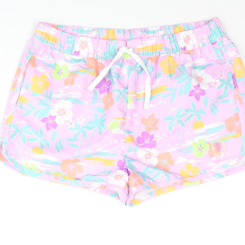 Marks and Spencer Girls Multicoloured Geometric Polyester Sweat Shorts Size 11-12 Years Regular Drawstring - Plam Tree Flower Swim Shorts