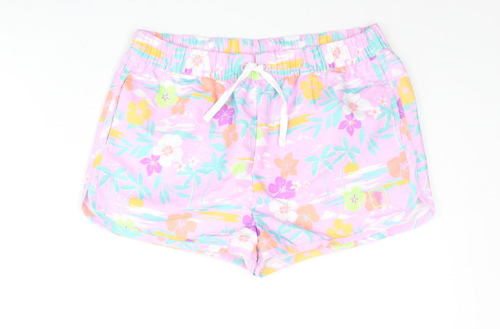 Marks and Spencer Girls Multicoloured Geometric Polyester Sweat Shorts Size 11-12 Years Regular Drawstring - Plam Tree Flower Swim Shorts
