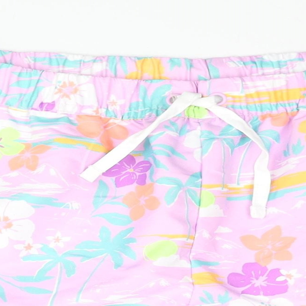 Marks and Spencer Girls Multicoloured Geometric Polyester Sweat Shorts Size 11-12 Years Regular Drawstring - Plam Tree Flower Swim Shorts