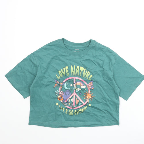 Marks and Spencer Girls Green Cotton Cropped T-Shirt Size 6-7 Years Crew Neck Pullover - Love Nature Peace Glitter
