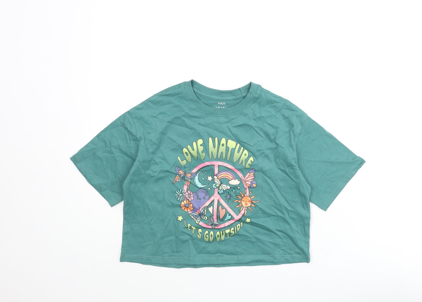 Marks and Spencer Girls Green Cotton Cropped T-Shirt Size 6-7 Years Crew Neck Pullover - Love Nature Peace Glitter