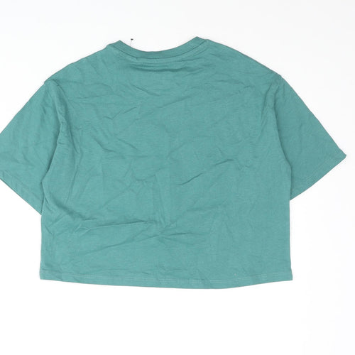 Marks and Spencer Girls Green Cotton Cropped T-Shirt Size 6-7 Years Crew Neck Pullover - Love Nature Peace Glitter