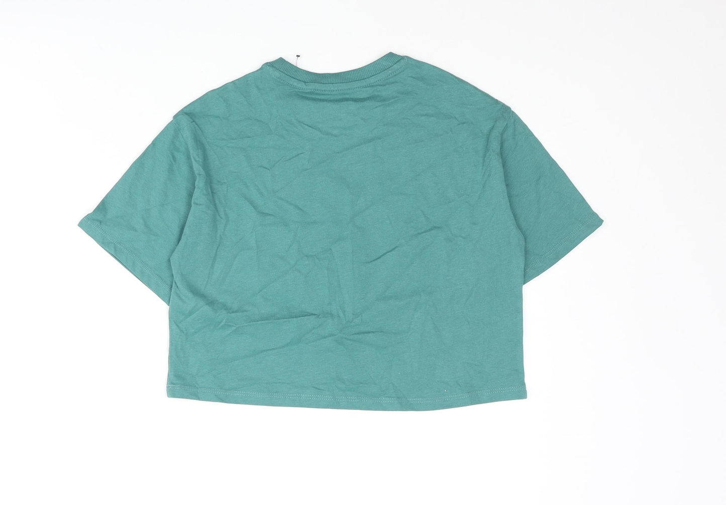 Marks and Spencer Girls Green Cotton Cropped T-Shirt Size 6-7 Years Crew Neck Pullover - Love Nature Peace Glitter