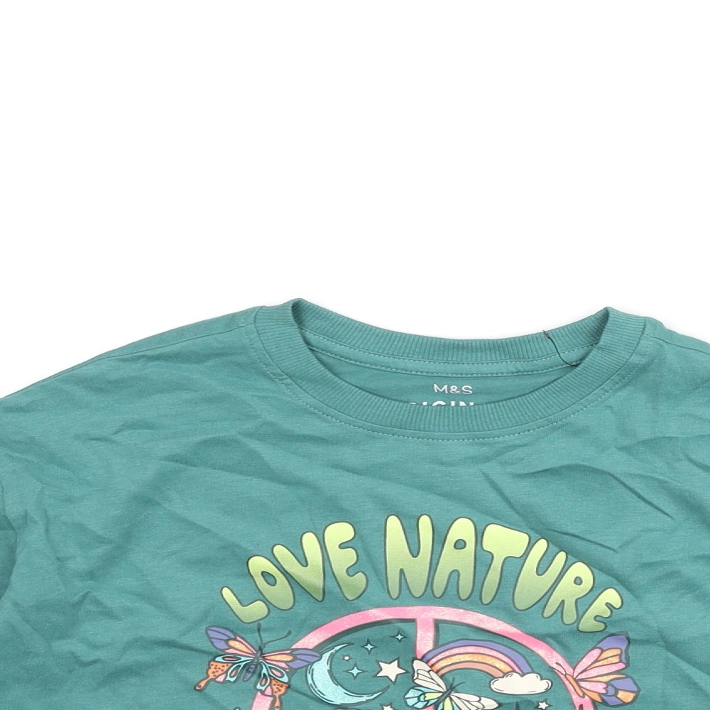 Marks and Spencer Girls Green Cotton Cropped T-Shirt Size 6-7 Years Crew Neck Pullover - Love Nature Peace Glitter