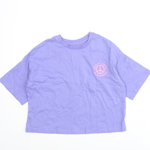 Marks and Spencer Girls Purple Cotton Cropped T-Shirt Size 7-8 Years Crew Neck Pullover - Peace Love Happiness
