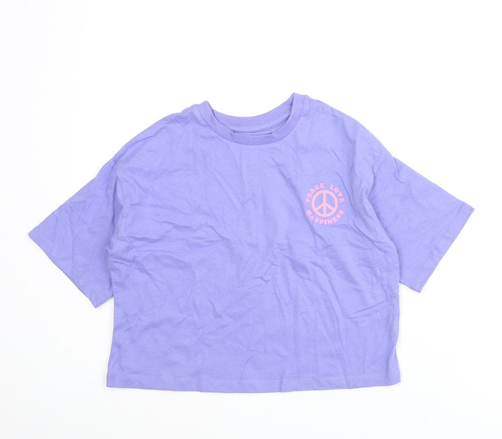 Marks and Spencer Girls Purple Cotton Cropped T-Shirt Size 7-8 Years Crew Neck Pullover - Peace Love Happiness