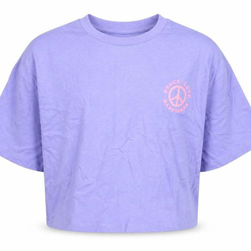 Marks and Spencer Girls Purple Cotton Cropped T-Shirt Size 7-8 Years Crew Neck Pullover - Peace Love Happiness