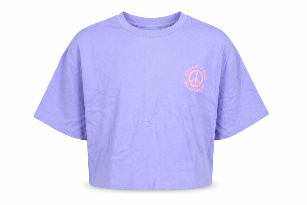 Marks and Spencer Girls Purple Cotton Cropped T-Shirt Size 7-8 Years Crew Neck Pullover - Peace Love Happiness