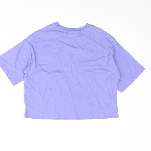 Marks and Spencer Girls Purple Cotton Cropped T-Shirt Size 7-8 Years Crew Neck Pullover - Peace Love Happiness