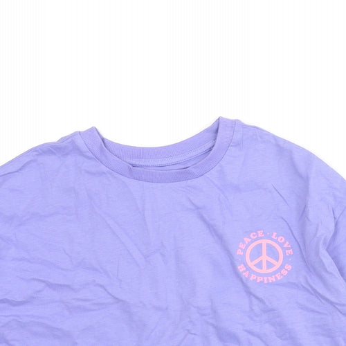 Marks and Spencer Girls Purple Cotton Cropped T-Shirt Size 7-8 Years Crew Neck Pullover - Peace Love Happiness