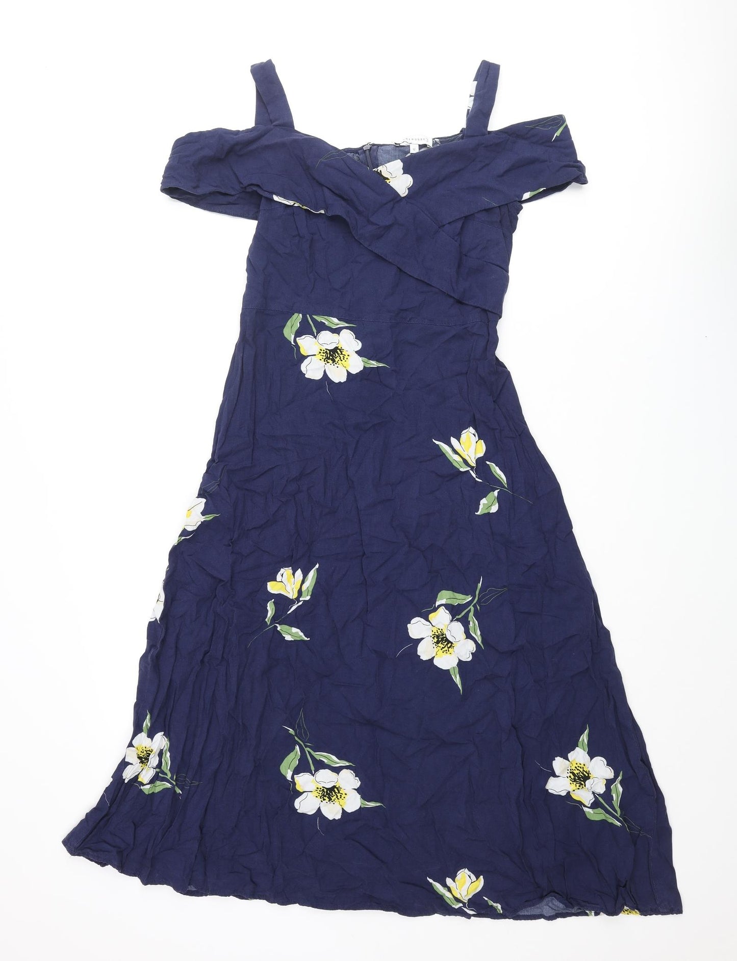 Warehouse Womens Blue Floral Viscose Fit & Flare Size 12 Sweetheart Zip - Off Shoulder Collar