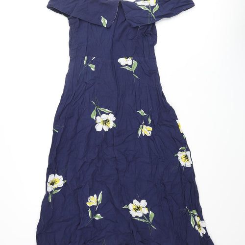 Warehouse Womens Blue Floral Viscose Fit & Flare Size 12 Sweetheart Zip - Off Shoulder Collar
