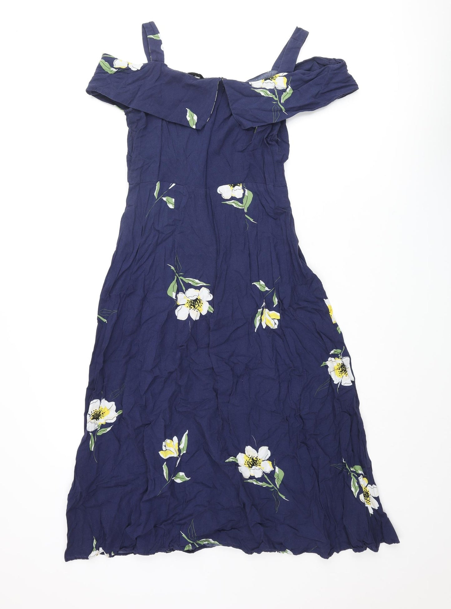 Warehouse Womens Blue Floral Viscose Fit & Flare Size 12 Sweetheart Zip - Off Shoulder Collar