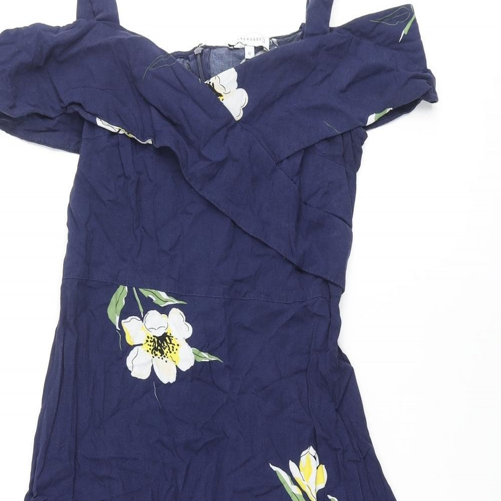 Warehouse Womens Blue Floral Viscose Fit & Flare Size 12 Sweetheart Zip - Off Shoulder Collar