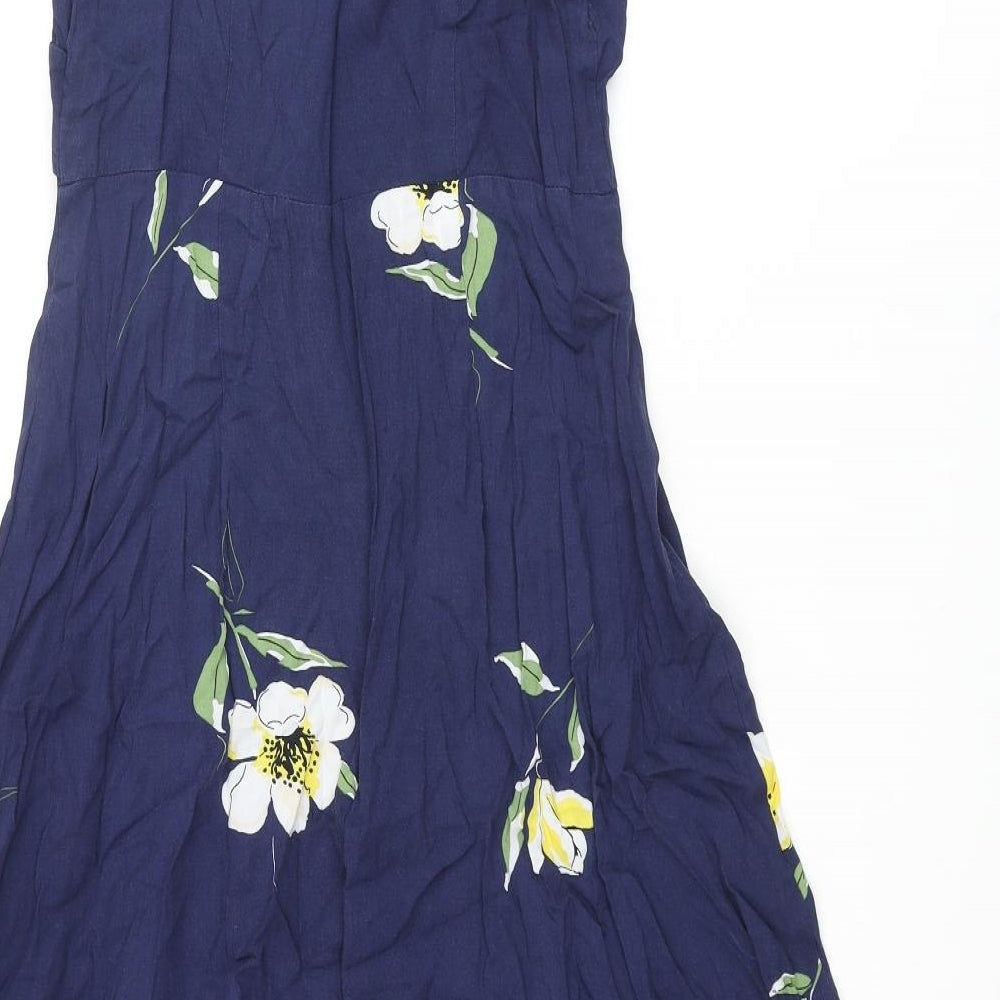 Warehouse Womens Blue Floral Viscose Fit & Flare Size 12 Sweetheart Zip - Off Shoulder Collar