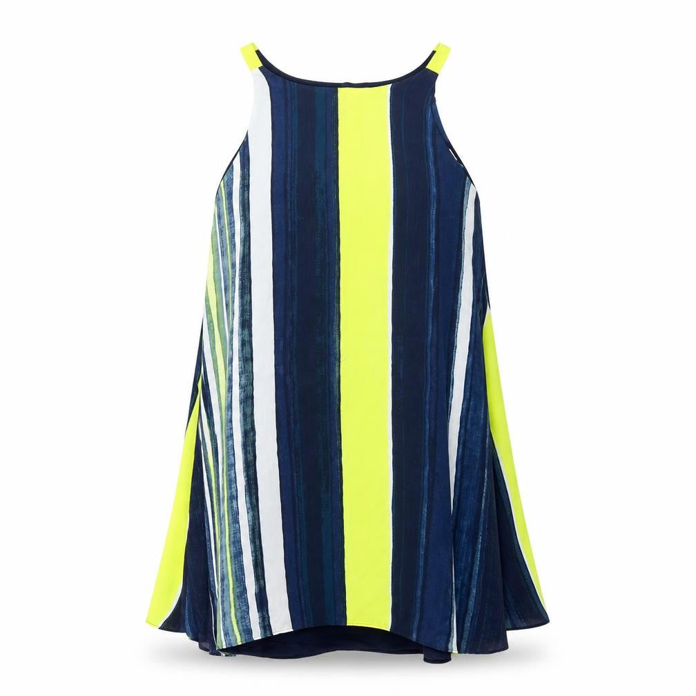 Front view of Next women’s multicoloured striped viscose shift, size UK 8, round neck pullover - open back