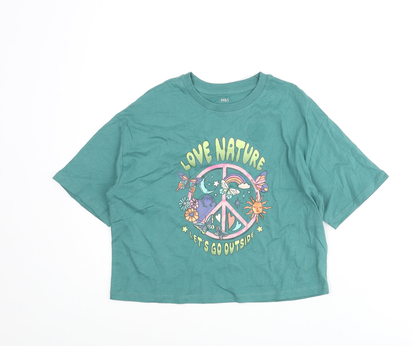 Marks and Spencer Girls Green Cotton Cropped T-Shirt Size 8-9 Years Crew Neck Pullover - Love Nature Peace Glitter