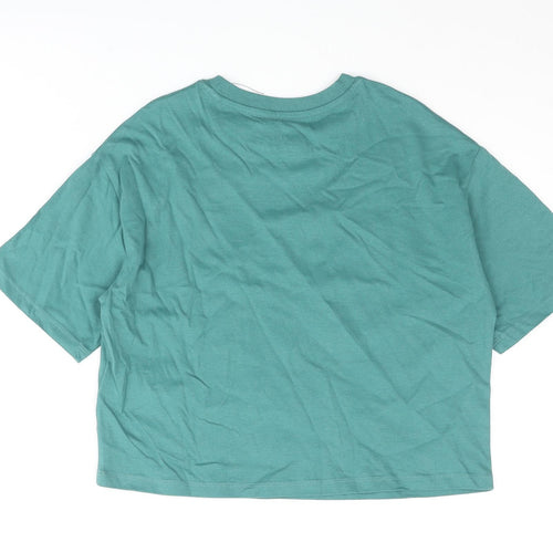 Marks and Spencer Girls Green Cotton Cropped T-Shirt Size 8-9 Years Crew Neck Pullover - Love Nature Peace Glitter