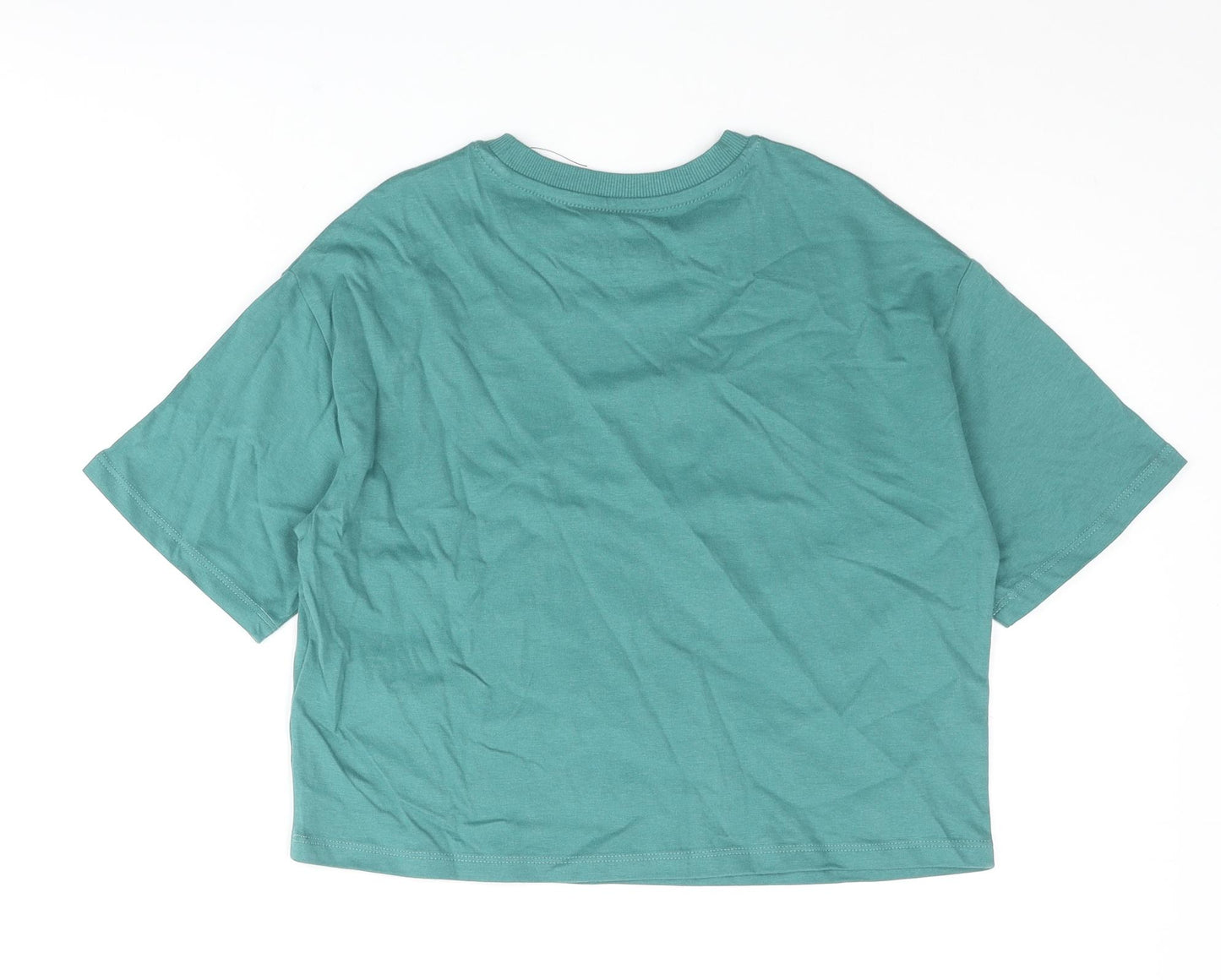 Marks and Spencer Girls Green Cotton Cropped T-Shirt Size 8-9 Years Crew Neck Pullover - Love Nature Peace Glitter