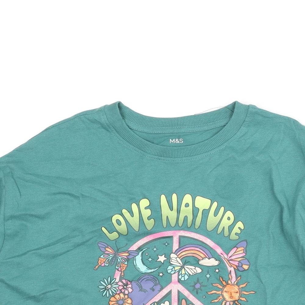 Marks and Spencer Girls Green Cotton Cropped T-Shirt Size 8-9 Years Crew Neck Pullover - Love Nature Peace Glitter