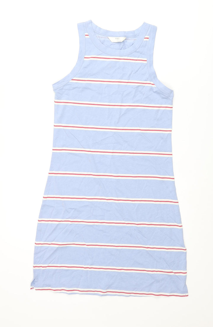 Marks and Spencer Womens Blue Animal Print Cotton Tank Dress Size S Roll Neck Pullover