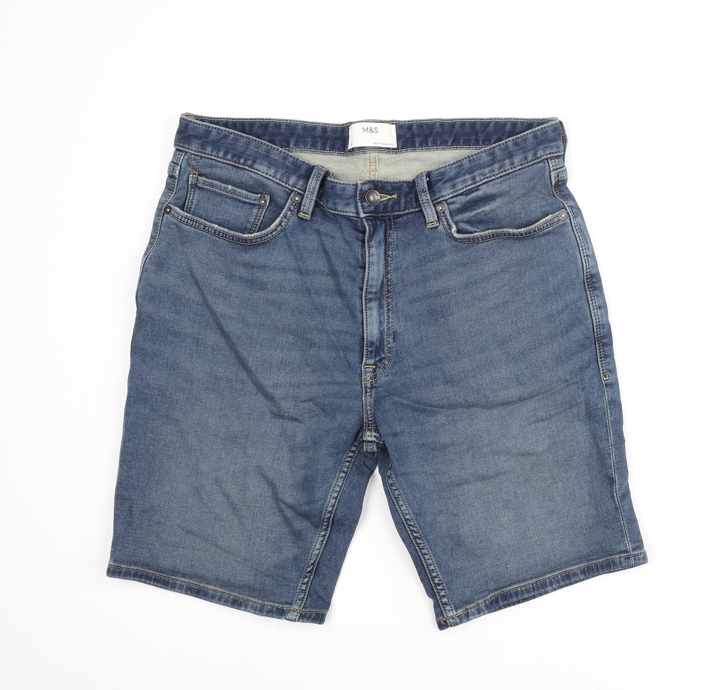 Marks and Spencer Mens Blue Cotton Bermuda Shorts Size 34 in L10 in Regular Zip