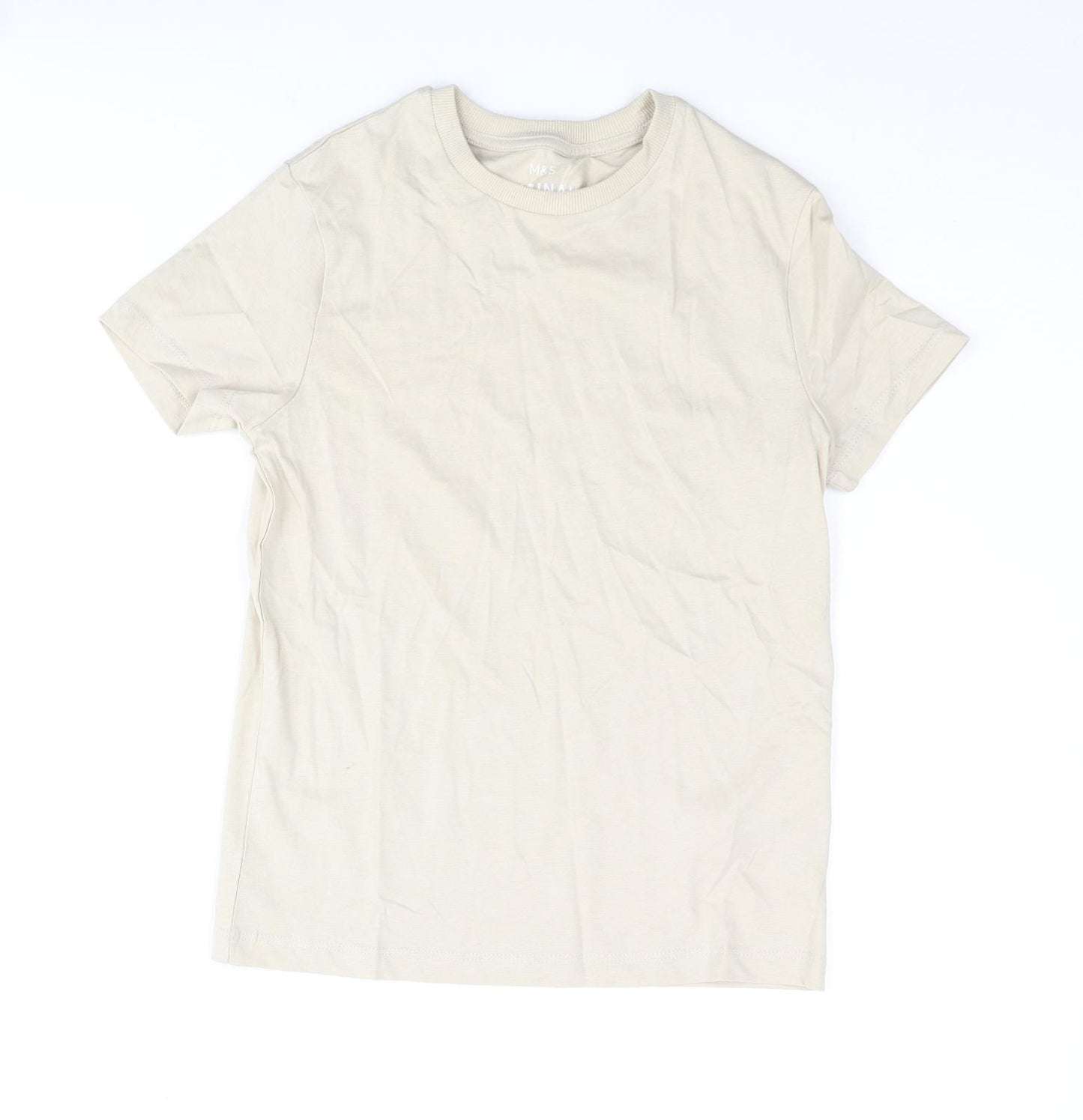 Marks and Spencer Boys Beige Cotton Basic T-Shirt Size 8-9 Years Crew Neck Pullover