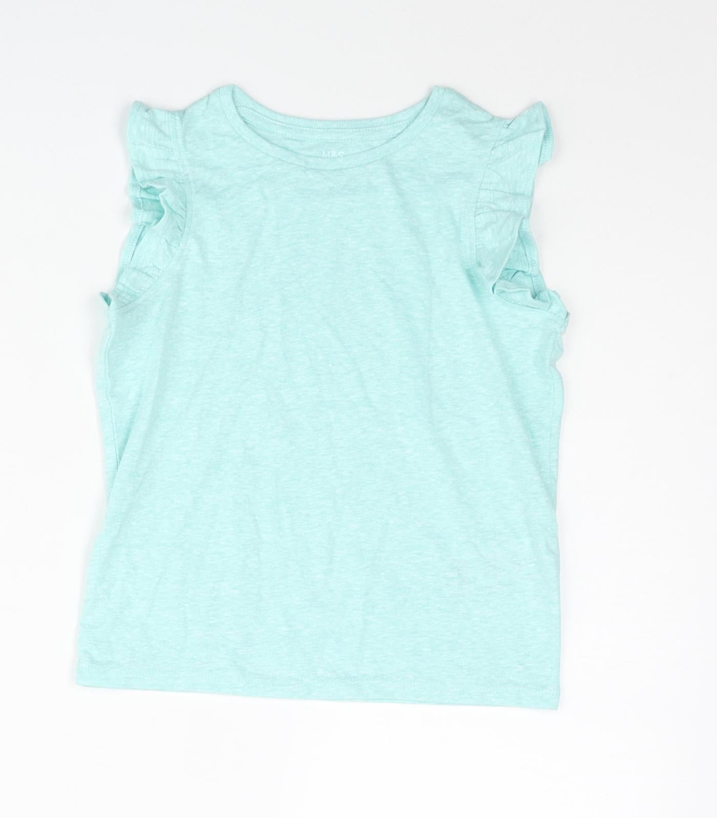 Marks and Spencer Girls Blue Polyester Basic T-Shirt Size 4-5 Years Round Neck Pullover - Frill
