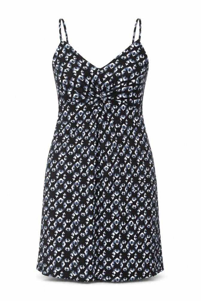 Front view of H&M women’s black geometric polyester bodycon, size M, sweetheart pullover - knot