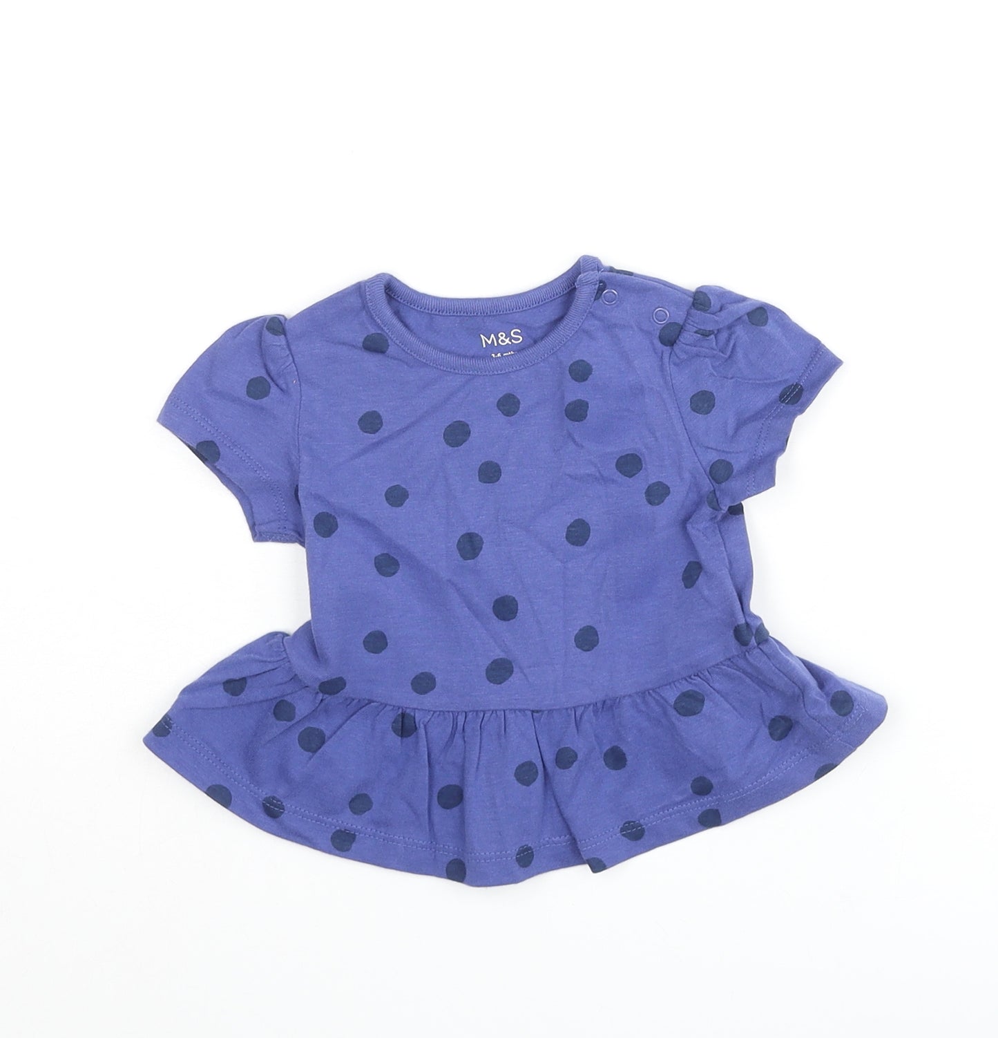Marks and Spencer Girls Blue Polka Dot Cotton Basic T-Shirt Size 3-6 Months Round Neck Snap - Peplum
