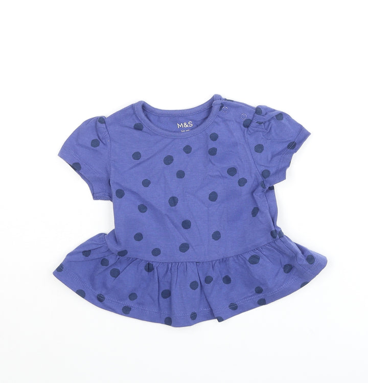 Marks and Spencer Girls Blue Polka Dot Cotton Basic T-Shirt Size 3-6 Months Round Neck Snap - Peplum