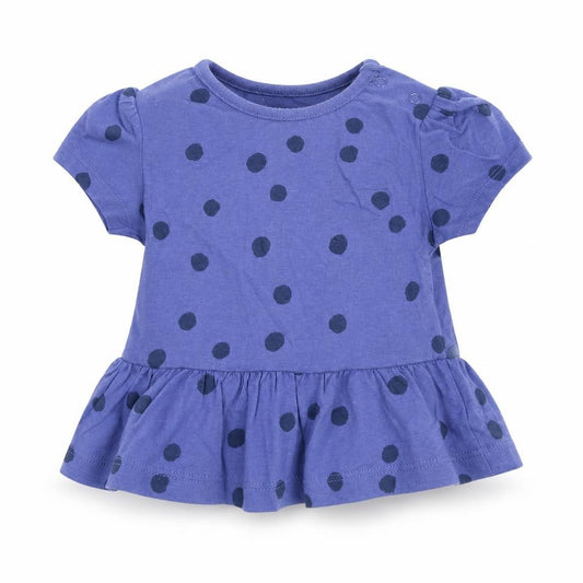 Front view of Marks & Spencer girls’ blue polka dot cotton basic t-shirt, size 3-6, months round neck snap - peplum