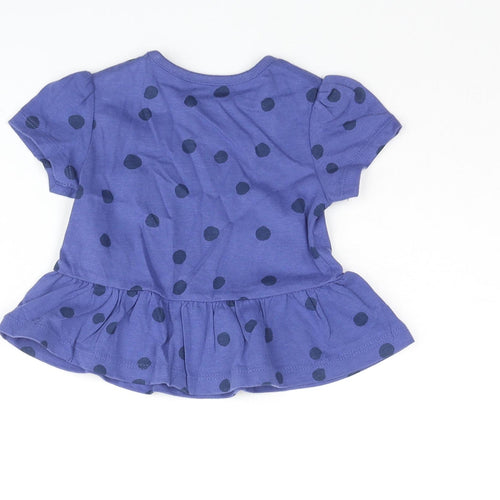 Marks and Spencer Girls Blue Polka Dot Cotton Basic T-Shirt Size 3-6 Months Round Neck Snap - Peplum