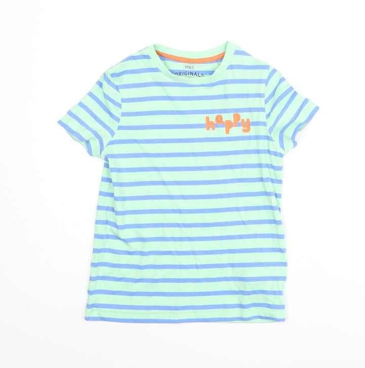 Marks and Spencer Boys Multicoloured Floral Cotton Basic T-Shirt Size 5-6 Years Crew Neck Pullover - Happy