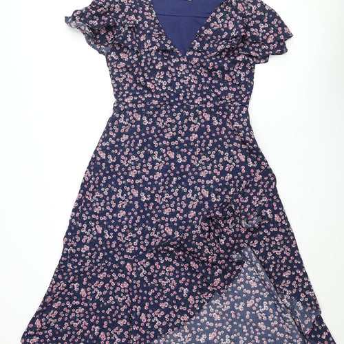 Boohoo Womens Blue Floral Polyester Wrap Dress Size 12 V-Neck Zip - Frill