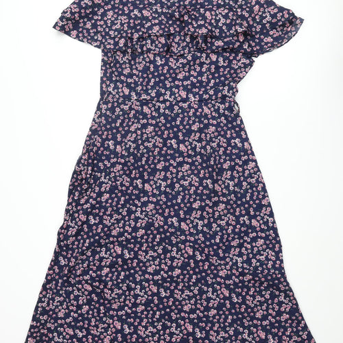 Boohoo Womens Blue Floral Polyester Wrap Dress Size 12 V-Neck Zip - Frill