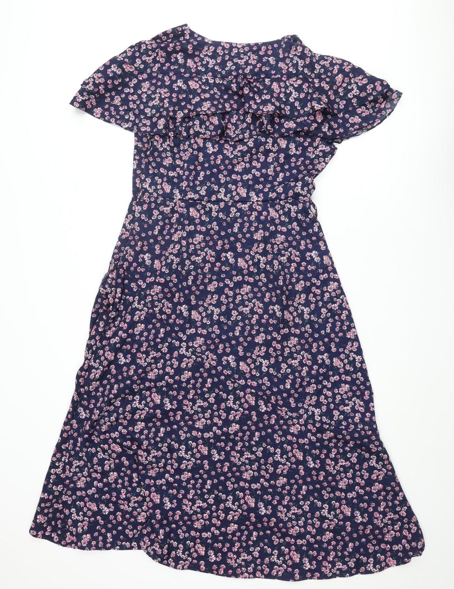 Boohoo Womens Blue Floral Polyester Wrap Dress Size 12 V-Neck Zip - Frill
