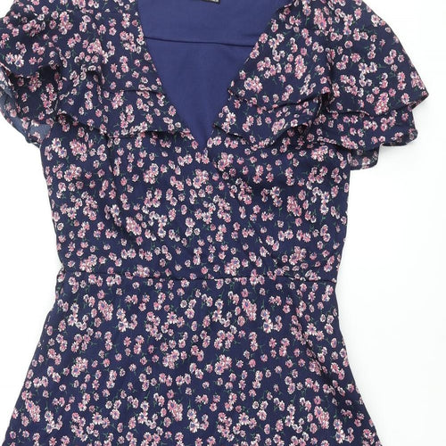 Boohoo Womens Blue Floral Polyester Wrap Dress Size 12 V-Neck Zip - Frill