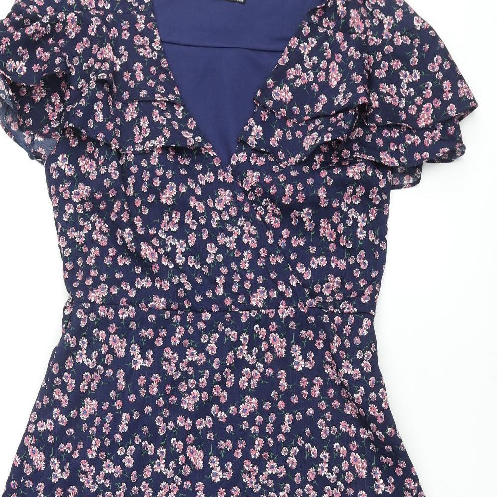Boohoo Womens Blue Floral Polyester Wrap Dress Size 12 V-Neck Zip - Frill