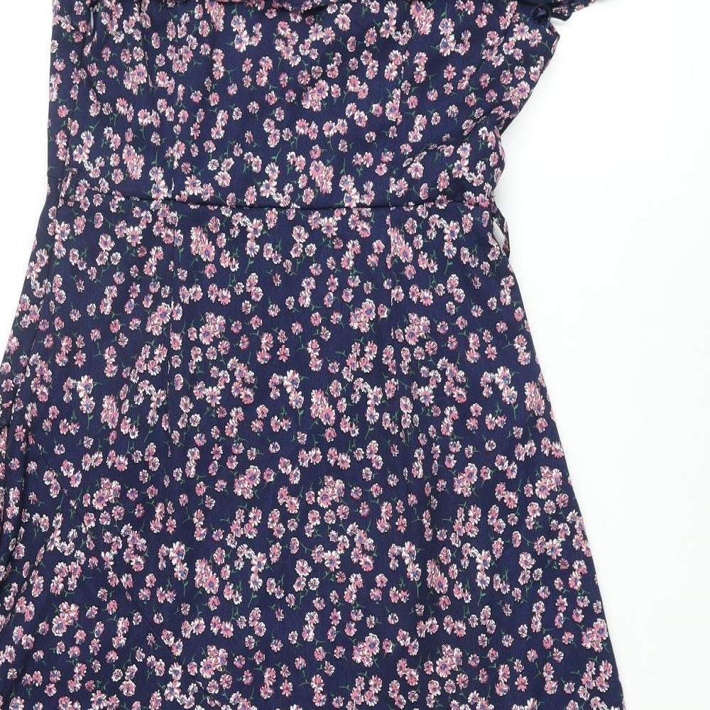 Boohoo Womens Blue Floral Polyester Wrap Dress Size 12 V-Neck Zip - Frill