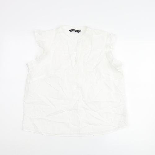 Dunnes Stores Womens White Cotton Basic Blouse Size M V-Neck - Floral Embroidery
