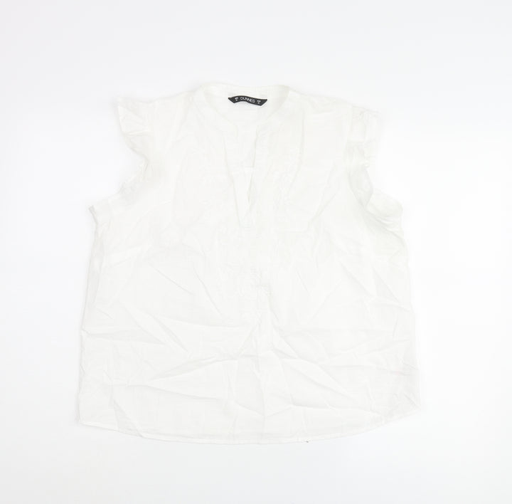 Dunnes Stores Womens White Cotton Basic Blouse Size M V-Neck - Floral Embroidery