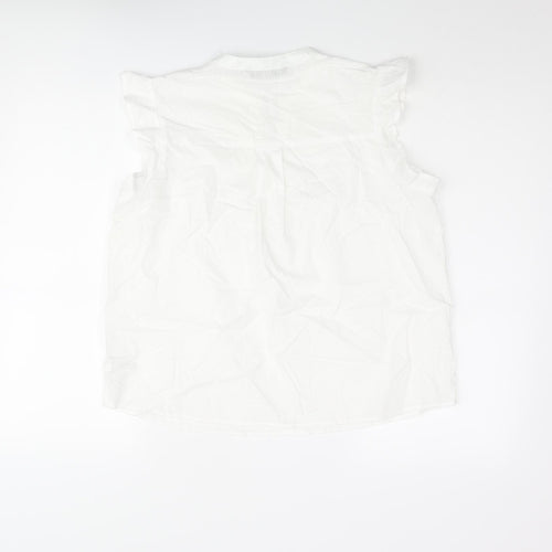 Dunnes Stores Womens White Cotton Basic Blouse Size M V-Neck - Floral Embroidery