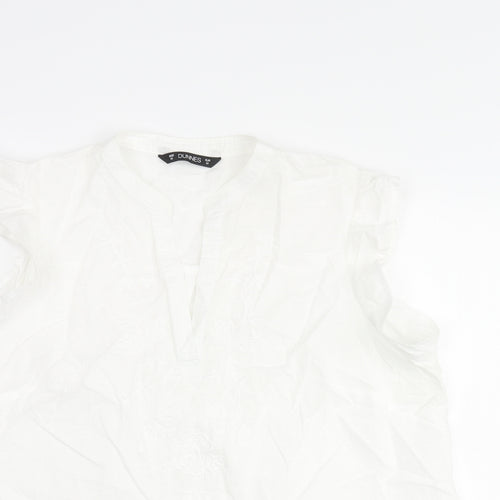 Dunnes Stores Womens White Cotton Basic Blouse Size M V-Neck - Floral Embroidery