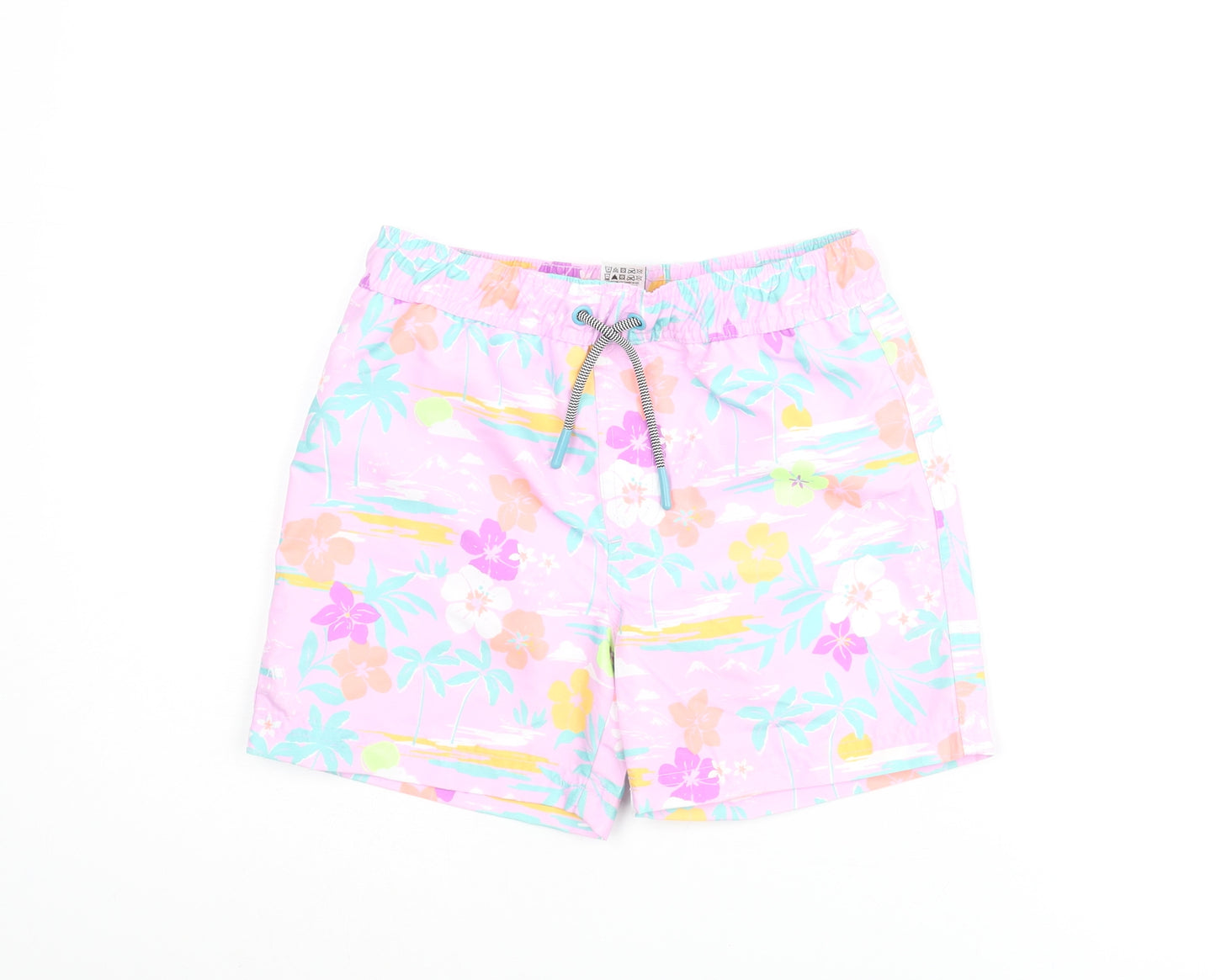 Marks and Spencer Boys Multicoloured Geometric Polyester Sweat Shorts Size 6-7 Years Regular Drawstring - Palm Tree Flower Swim Shorts