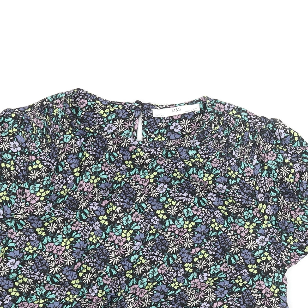 Marks and Spencer Girls Multicoloured Floral Viscose Basic Blouse Size 10-11 Years Round Neck Button