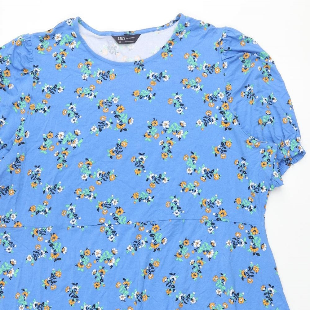 Marks and Spencer Womens Blue Floral Viscose Shift Size 22 Round Neck Pullover